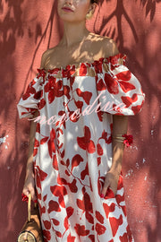 Floral Print Off-The-Shoulder Puff Sleeve Loose Holiday Maxi Dress
