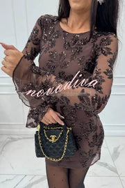 Deep and Dazzling Floral Texture Sequin Long Bell Sleeve Open Back Mini Dress