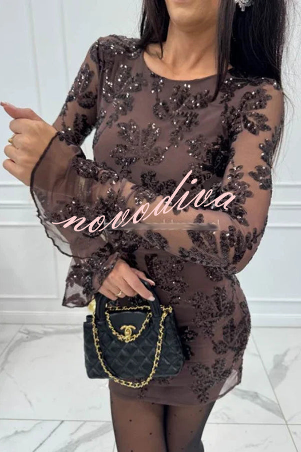Deep and Dazzling Floral Texture Sequin Long Bell Sleeve Open Back Mini Dress