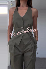 Sexy Backless Belted Waistcoat and Casual Pocket Pants Set