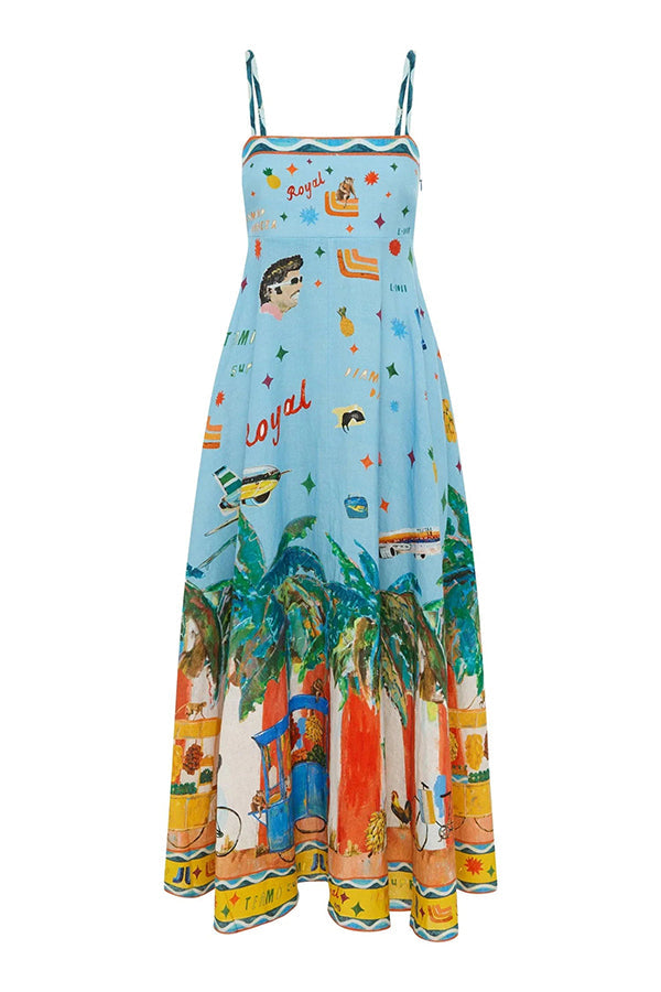 Summer Energy Linen Blend Unique Print Smocked Back Pocketed Midi Dress