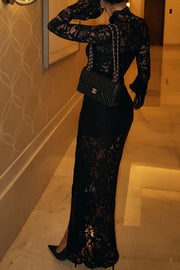 Garcelle Floral Lace Lace-up Long Bell Sleeve Slit Midi Dress