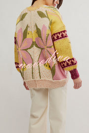 Floral Pattern Loose Long-sleeved Knitted Cardigan