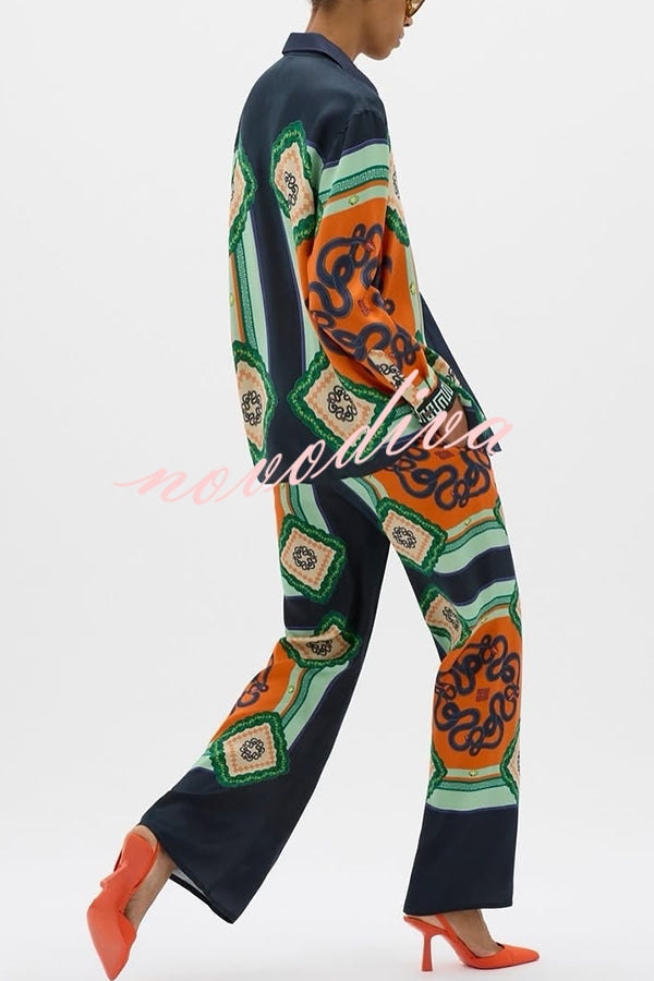 Vacation Times Satin Unique Print Elastic Waist Pocketed Wide Leg Pants