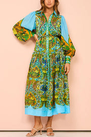 Feeling Butterflies Multi Unique Print Balloon Sleeve Belt Shirt Midi Dress