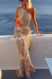 Santorini Night Sequin Fabric One Shoulder Slit Maxi Dress