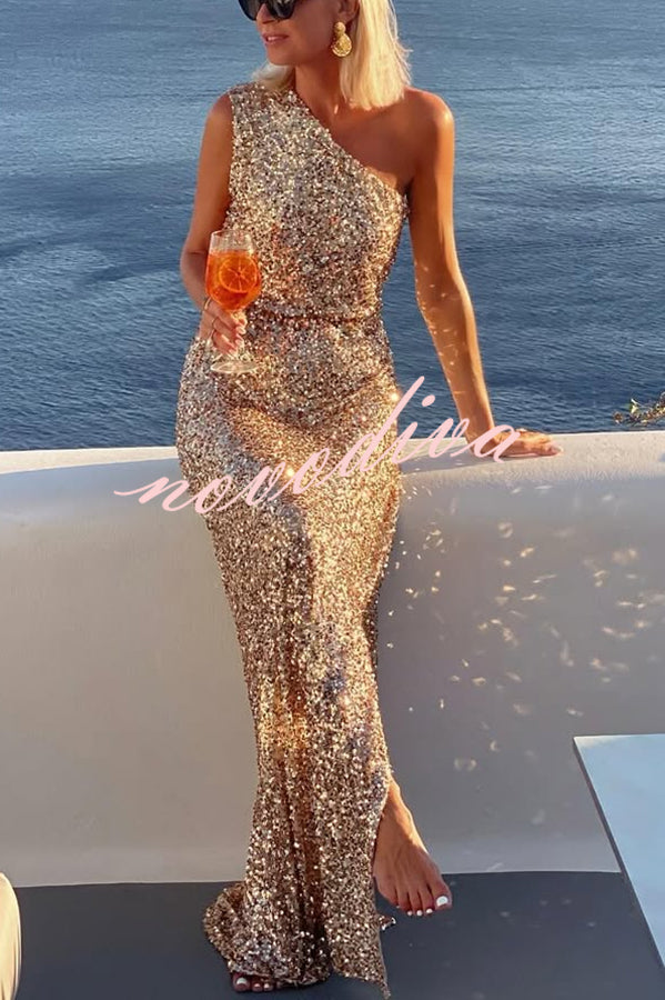 Santorini Night Sequin Fabric One Shoulder Slit Maxi Dress