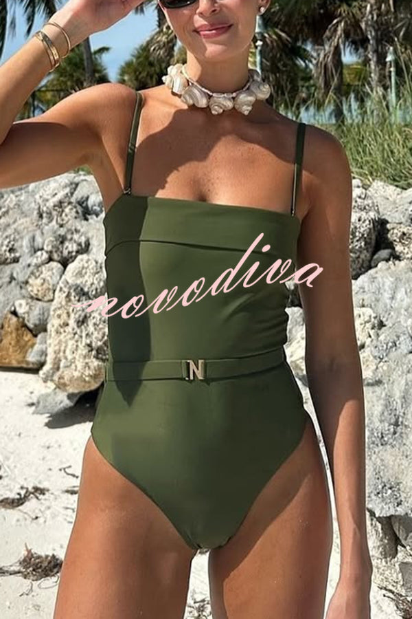 Solid Color Suspender Buckle Waist Elastic Swimsuit