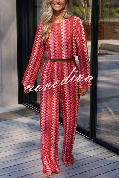 Tamia Knit Colorful Wave Unique Print Crop Top and Stretch Wide Leg Pants Set