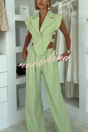 Fashion Style Lapel Waist-baring Irregular Vest and  Elastic Waist Pocket Loose Pants Set