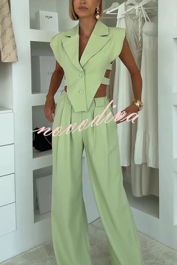 Fashion Style Lapel Waist-baring Irregular Vest and  Elastic Waist Pocket Loose Pants Set