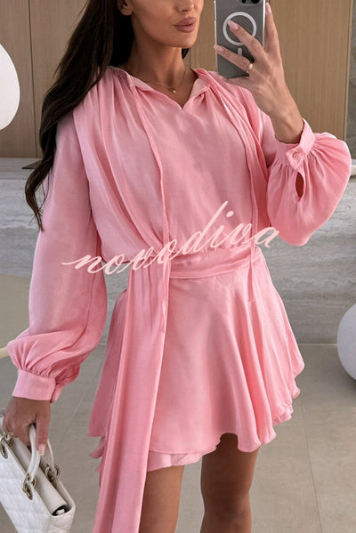 Solid Color V-neck Tie Long Sleeve Waist Mini Dress