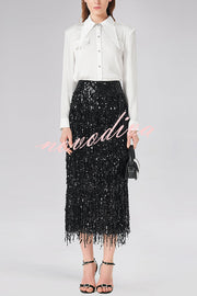 Evening Charm Layered Sequined Tassels High Rise Back Zipper Slit Midi Skirt