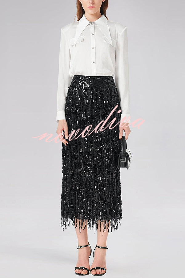 Evening Charm Layered Sequined Tassels High Rise Back Zipper Slit Midi Skirt