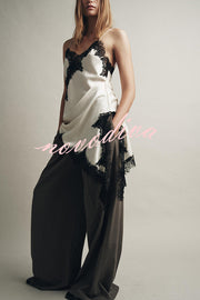 Satin Lace Trim V-neck Asymmetrical Hem Slip Mini Dress
