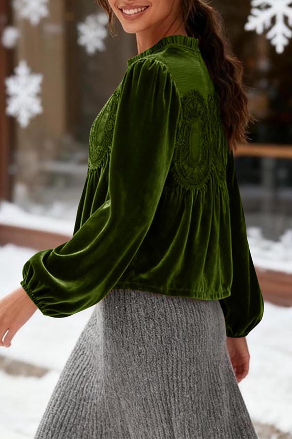 Fashionable Velvet and Lace Patchwork Loose Long-sleeved Top