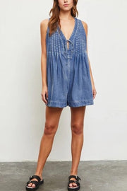 Downtown Daze Denim Pleated Tie-up Pocketed Loose Romper