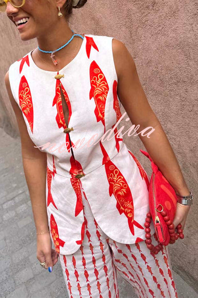 Good Luck Linen Blend Koi Pattern Metal Buttons Waisted Vest