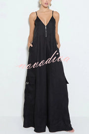 Zola Center Front Zipper Pocketed Wide Leg Loose Cargo Slip Jumpsuit