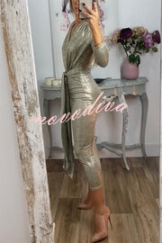 Shiny Lady Metallic Fabric Padded Long Sleeve Tie-up Ruched Midi Dress