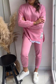 Solid Color Round Neck Long-sleeved Sweatshirt and Elastic Waist Pants Set