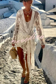 Beach Elegance Floral Lace Long Sleeve Wrap Tie-up Vacation Mini Dress