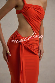Sexy One-shoulder Backless Ribbon Pleated Slim Maxi Dress