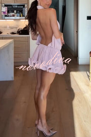 Ballerina Chic High Cowl Neck Pleated Wavy Ruffles Hem Backless Mini Dress