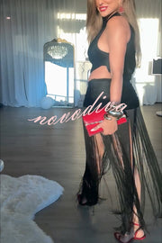 Dancing Miracle One Shoulder High Waist Hollow Design Tassel Hem Drape Mini Dress