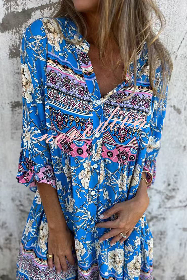 Ethnic Floral Print V-neck Loose Pocket Mini Dress