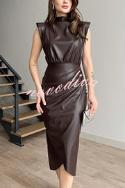 Elouise Faux Leather Turtleneck Shoulder Pads Ruched Slit Midi Dress