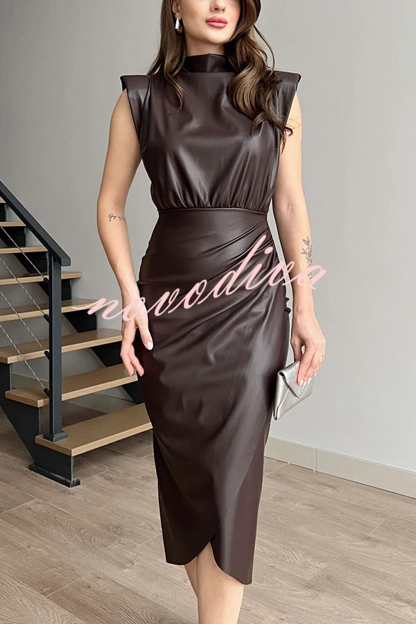 Elouise Faux Leather Turtleneck Shoulder Pads Ruched Slit Midi Dress