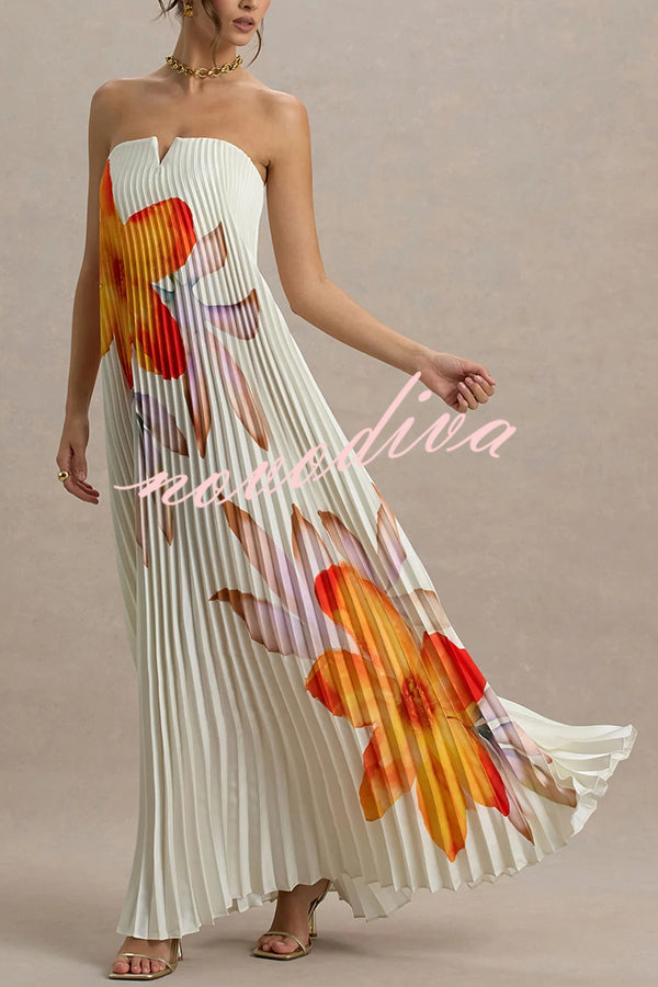 For Every Occasion Satin Pleated Floral Print V-wire Bandeau Neck Maxi Dress