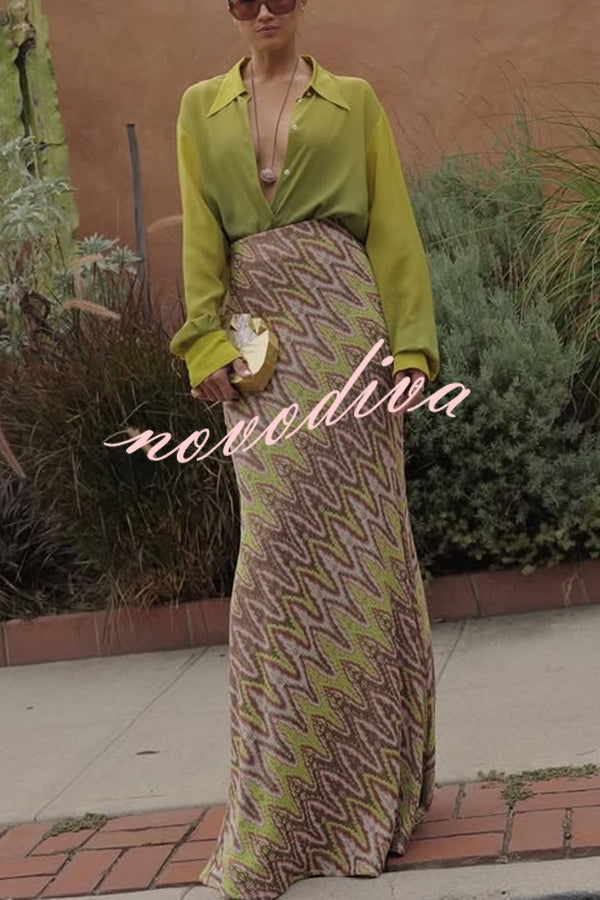 Moonlit Waltz Gradient Print Button Up Long Sleeve Loose Blouse