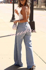 Ellison Denim Side Colorblock High Rise Pocket Wide Leg Jeans