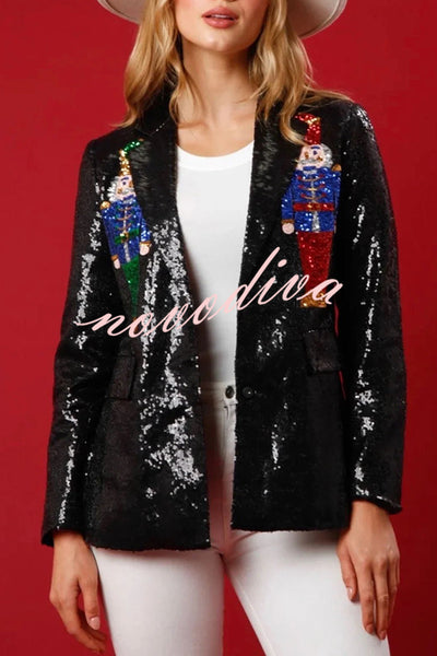 Make Your Christmas High Sequin Nutcracker Lapel Loose Blazer