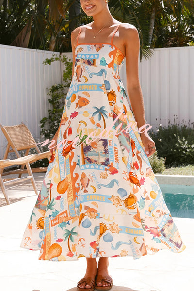 Marine Life Print Sleeveless Sling Holiday Maxi Dress