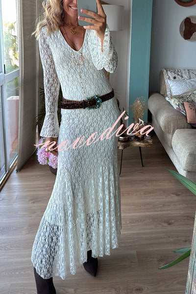 Aster Embroidered Lace Chiffon V-neck Long Bell Sleeve Stretch Flare Maxi Dress