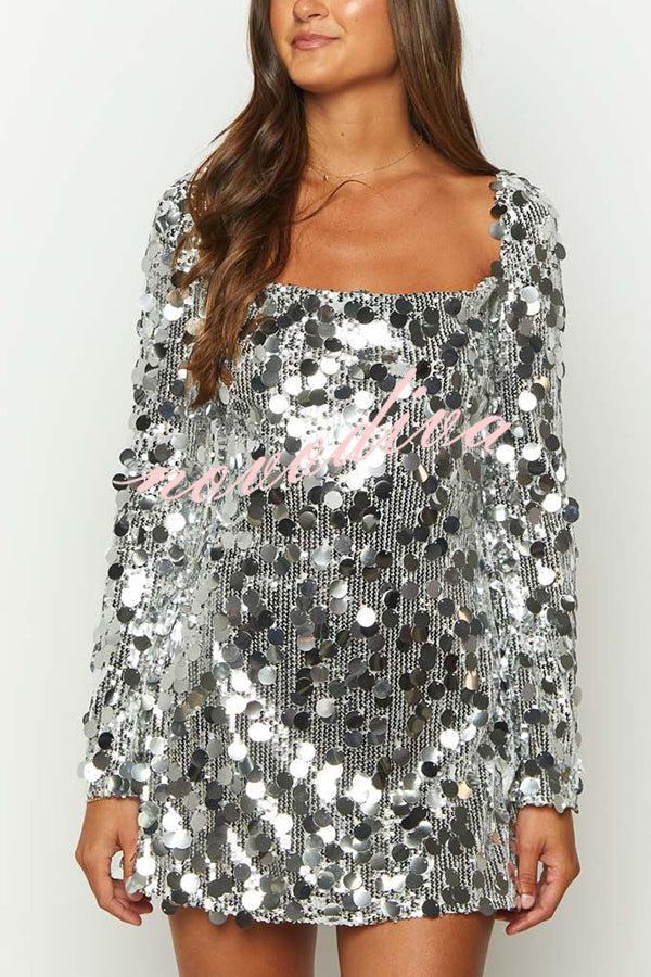 Bring The Disco Large Sequins Square Neck Long Bell Sleeve Backless Slit Mini Dress