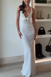 Festival Shines Sequin Beaded Mesh Bow Cutout Detail Slit Maxi Dress