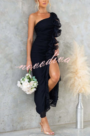 Fashion One-shoulder Pleated Sexy High Slit Slim Dress