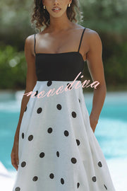 Alias Linen Blend Polka Dot Colorblock Back Smocked Pocket Slip Maxi Dress