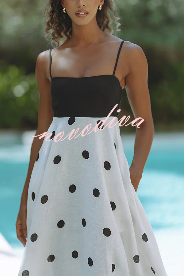 Alias Linen Blend Polka Dot Colorblock Back Smocked Pocket Slip Maxi Dress