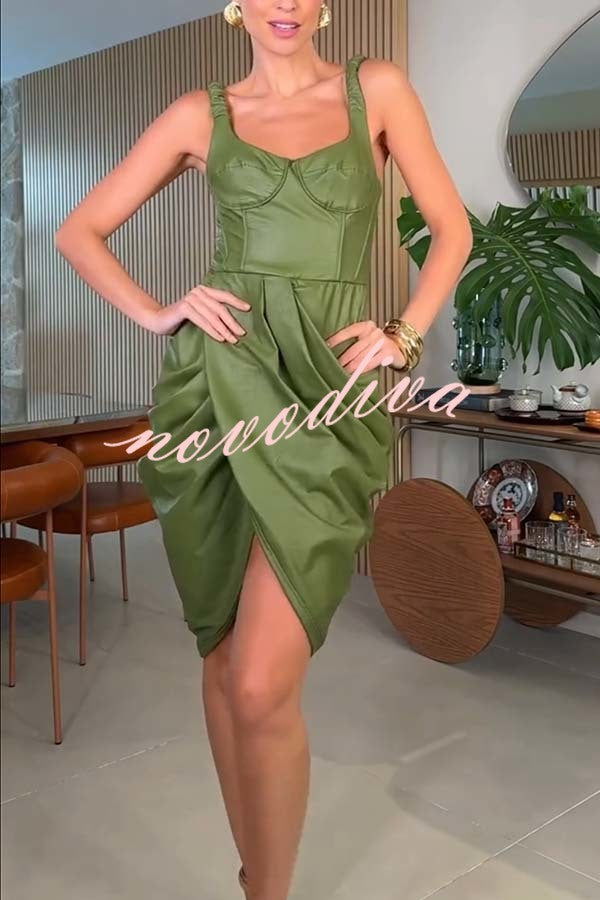 Fashion Choice Faux Leather Corset Ruched Back Zipper Mini Dress