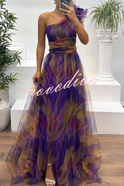 Charming Embrace Tulle Floral Pleated One Shoulder Slit Maxi Dress