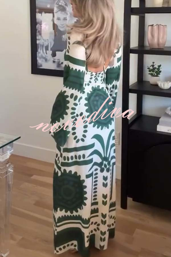 Holiday Fashion Unique Print Front Center Hollow Ring Long Sleeve Maxi Dress