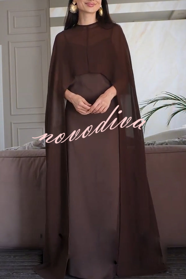 Moonlit Muse Sheer Chiffon High Low Cape Slip Maxi Dress