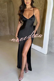 Satin Solid Color Sexy Backless Lace Up High Slit Maxi Dress