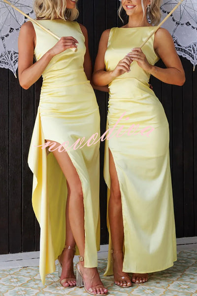 Kenzie Satin Boat Neck Side Ruffles Slit Maxi Dress