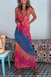 Tarik Tie-dye Print Ruffle Neck Halter Lace-up Backless Stretch Maxi Dress